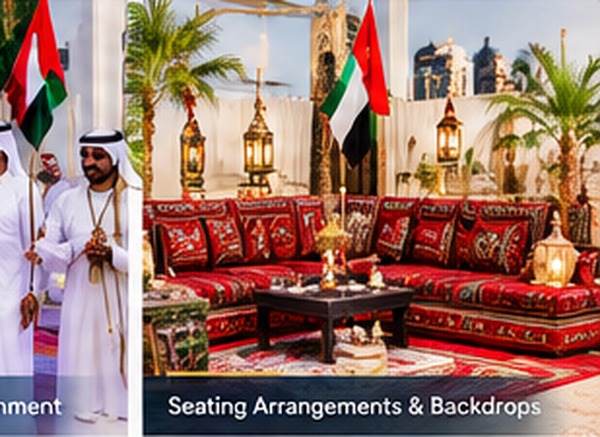 Traditional Emirati seating and decorated backdrops